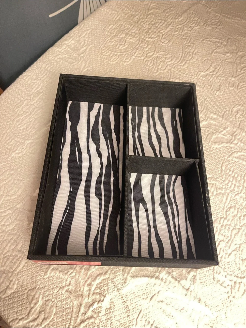 Two Zebra Print Fabric Drawer Organizer & Chevron Jewelry Organizer.